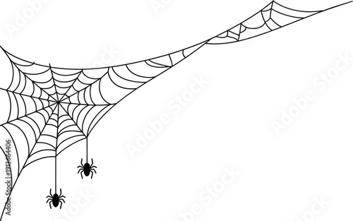 A detailed illustration of a spiderweb with several small spiders hanging from it