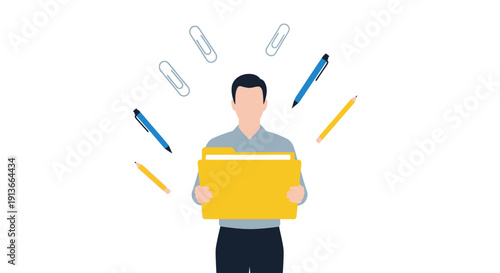 Man holding a yellow folder surrounded by office supplies on a white background