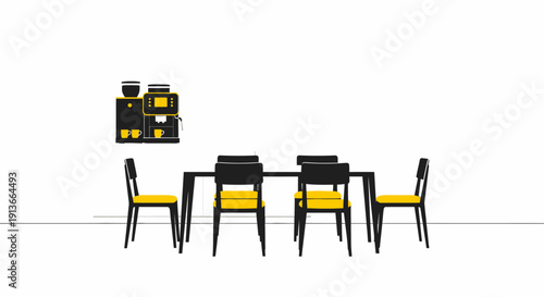 Minimalist dining area with black and yellow chairs around a table coffee station visible