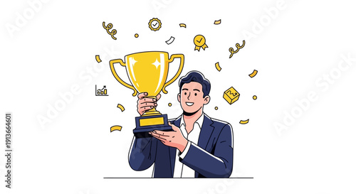 Smiling man in a suit holding a large golden trophy amid confetti