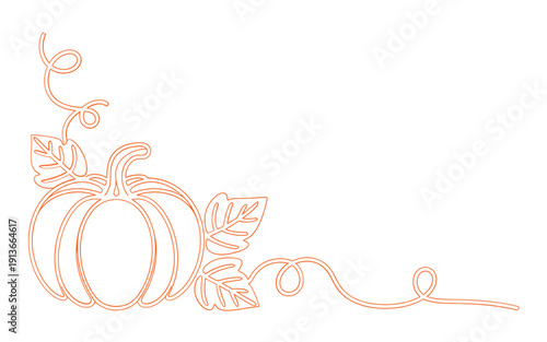 A delicate orange line drawing depicts a pumpkin and vine in a corner