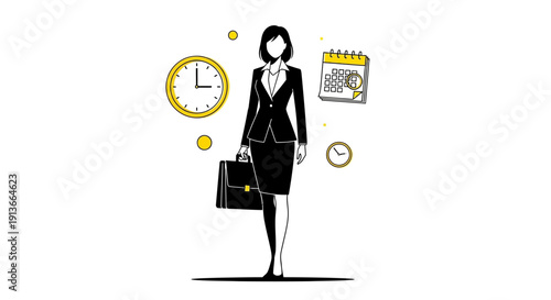 Stylized black and yellow illustration of a businesswoman with clocks and a calendar