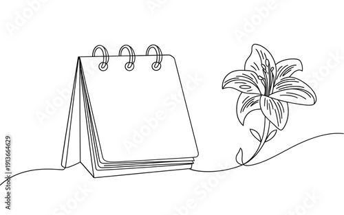 A minimalist line drawing of an open notepad and a delicate lily flower
