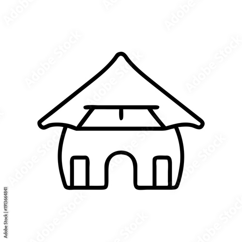 Simple line drawing of a traditional house with a thatched roof  