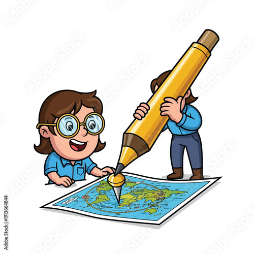 Cute cartoon characters using an oversized pencil to place a location pin on a world map. Global travel, navigation, and geography education illustration.