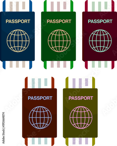 Set of passport illustrations in various colors of blue, green, and red