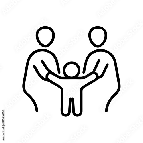 Two parents holding a child in minimalist line art style  