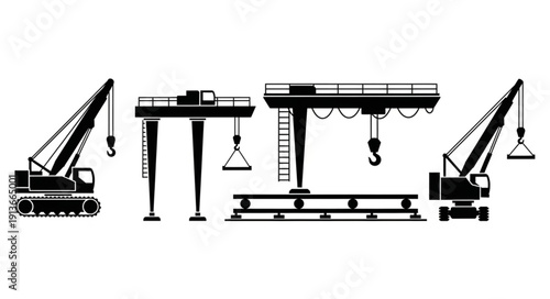 Collection of industrial crane silhouettes for construction and logistics.
