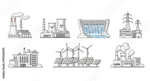Collection of industrial energy generation facilities illustrations.