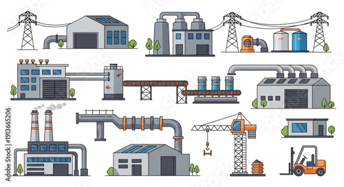 Collection of Industrial Factory Buildings and Machinery Elements.