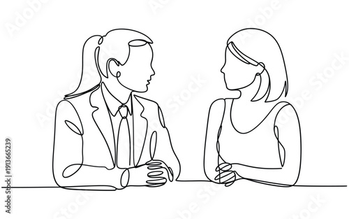 A continuous line drawing depicting two women in a conversation