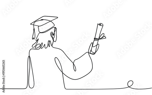 Minimalist line drawing of a graduate with diploma and mortarboard