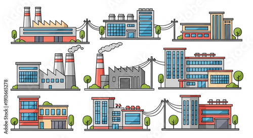 Collection of Industrial Factory Buildings and Power Lines.