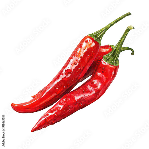 Two Bright Red Chili Peppers with Green Stems isolated on a transparent background