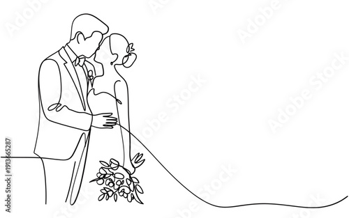 A minimalist line drawing depicts a newlywed couple embracing in love
