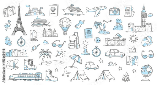 Collection of hand-drawn travel and landmark illustrations.