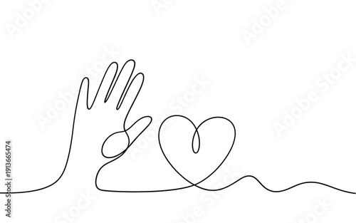 A continuous line drawing depicts a hand reaching towards a heart shape