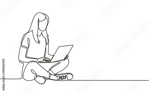 A continuous line drawing depicts a woman seated and using a laptop