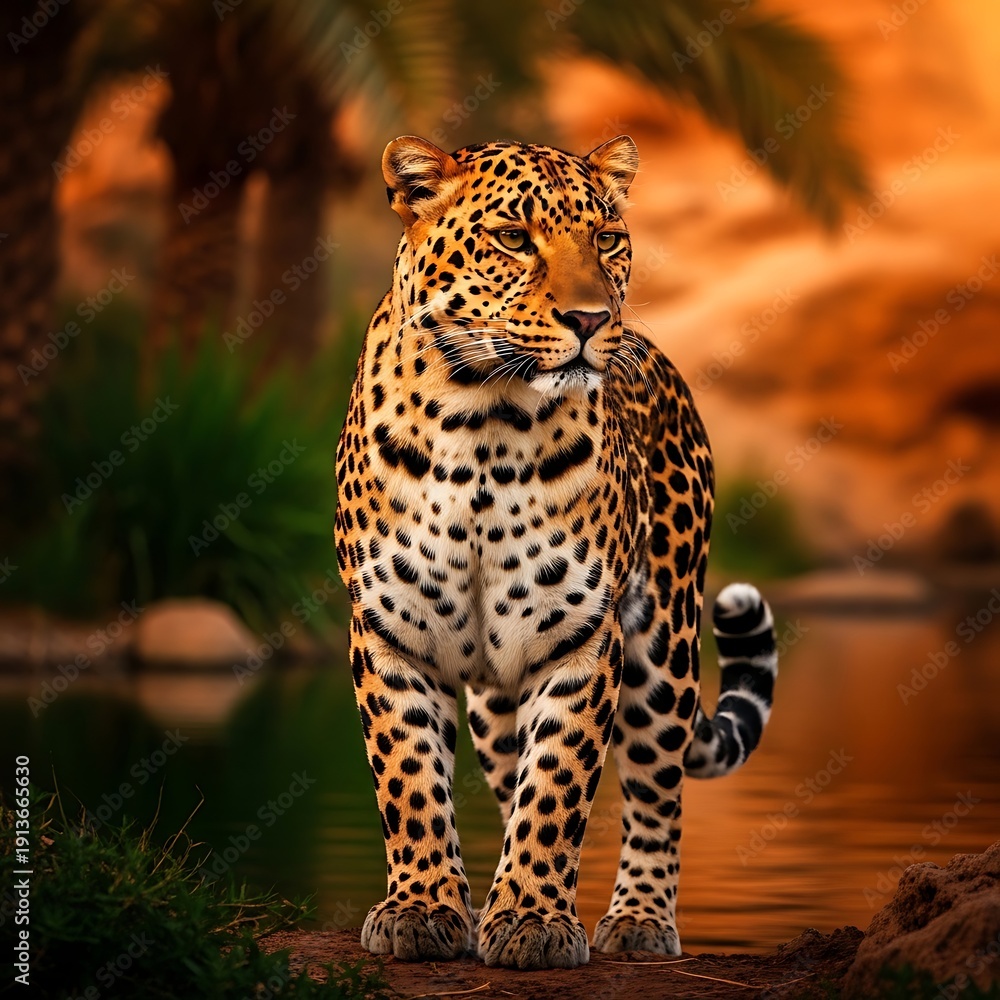Fototapeta premium Leopard Walking Along Waters Edge in Jungle.