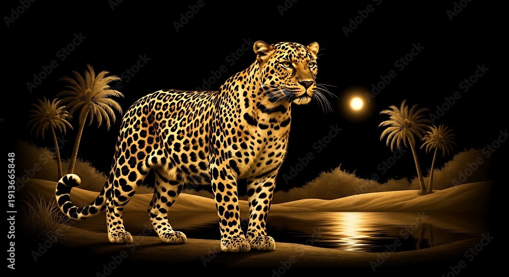 Naklejka premium Leopard Standing Under Night Sky with Palm Trees.