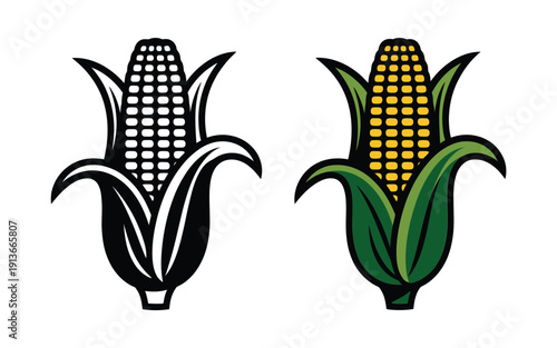Two ears of corn depicted in contrasting color schemes monochrome and vibrant