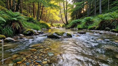 Serene Forest Stream Flowing Through Trees.