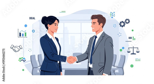 A professional man and woman in business suits shaking hands after a successful meeting or deal in a stylized office environment with business icons.