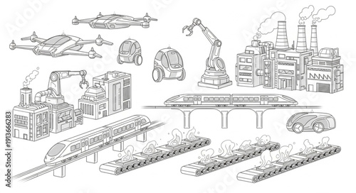 Collection of industrial buildings and structures in a sketch style.