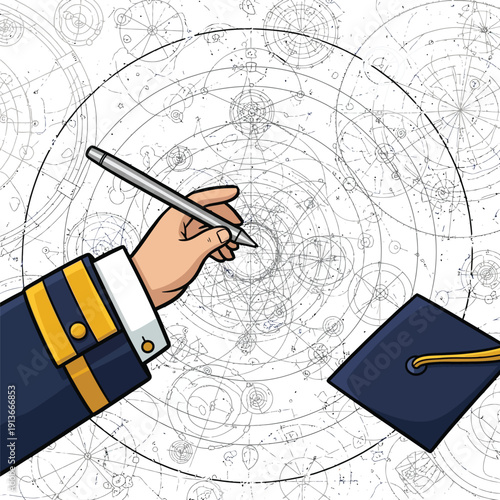 Academic Hand Writing Complex Scientific Blueprint Diagram | Research, Engineering, Graduation Cap, and Advanced Technical Planning Vector Illustration