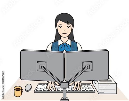 事務服を着用しデュアルモニターで働く女性のイラスト