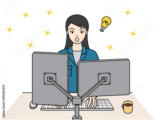 作業着でパソコン作業中に解決策を閃く女性のイラスト