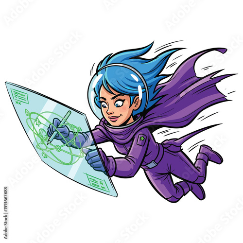 Cartoon Futuristic Scientist Girl Flying and Drawing on Holographic Screen. Space Heroine Working on Advanced Tech Diagram Vector Illustration.