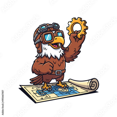 Cartoon Eagle Inventor Mascot in Aviator Goggles holding a Golden Gear on Blueprint. Engineering, Innovation, and Planning Concept Illustration.
