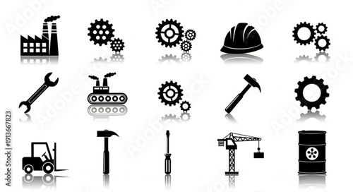 Collection of Industrial Icons and Symbols Representing Manufacturing and Construction.