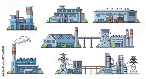 Collection of Industrial Factory Buildings and Power Plants.