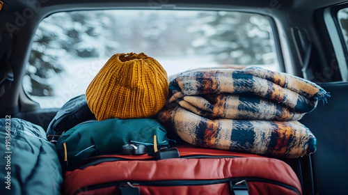 Cozy winter gear packed in car trunk for road trip
