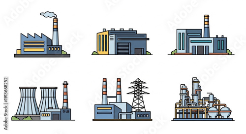 Collection of Industrial Factory Buildings and Power Plants.