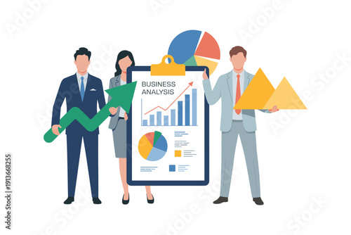 Professionals discussing business analysis with charts and graphs