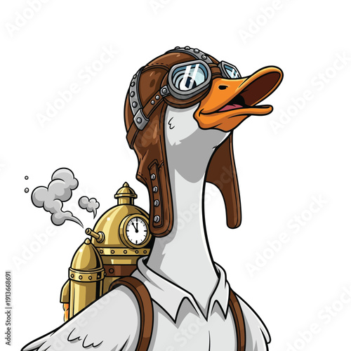 Cartoon Steampunk Duck Pilot in Aviator Helmet with Brass Clockwork Jetpack, Ready for Adventure