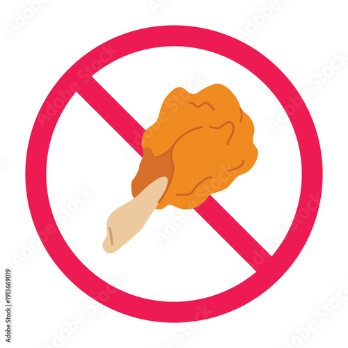 No fried chicken sign, junk food prohibited icon, fast food prohibition symbol, processed food forbidden sign, vector illustration
