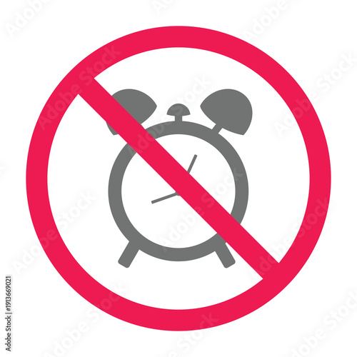 No clock sign, alarm clock prohibited symbol, no time sign, schedule prohibited icon, no deadline sign, vector illustration
