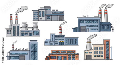 Collection of Industrial Factory Buildings with Smoke Stacks.