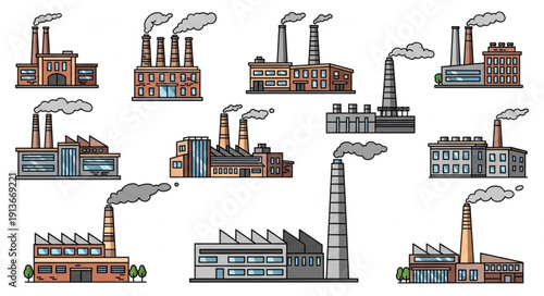 Collection of industrial factory buildings with smoke stacks.