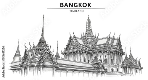 Black and white ink drawing of Thai temple complex architecture labeled BANGKOK THAILAND