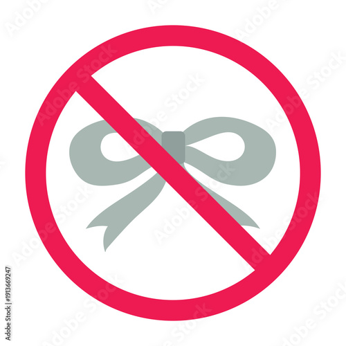 Ribbon accessory forbidden symbol, no ribbon bow sign, no gift ribbon allowed symbol, ribbon decoration prohibited sign, vector illustration
