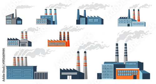 Collection of industrial factory buildings with smoke stacks emitting pollution.