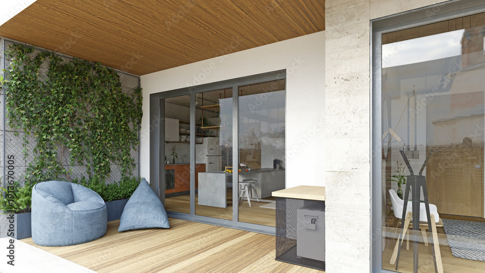 Naklejka premium Modern apartment balcony with wooden decking and ivy wall. 3D render of terrace with beanbag chair and sliding glass doors to kitchen