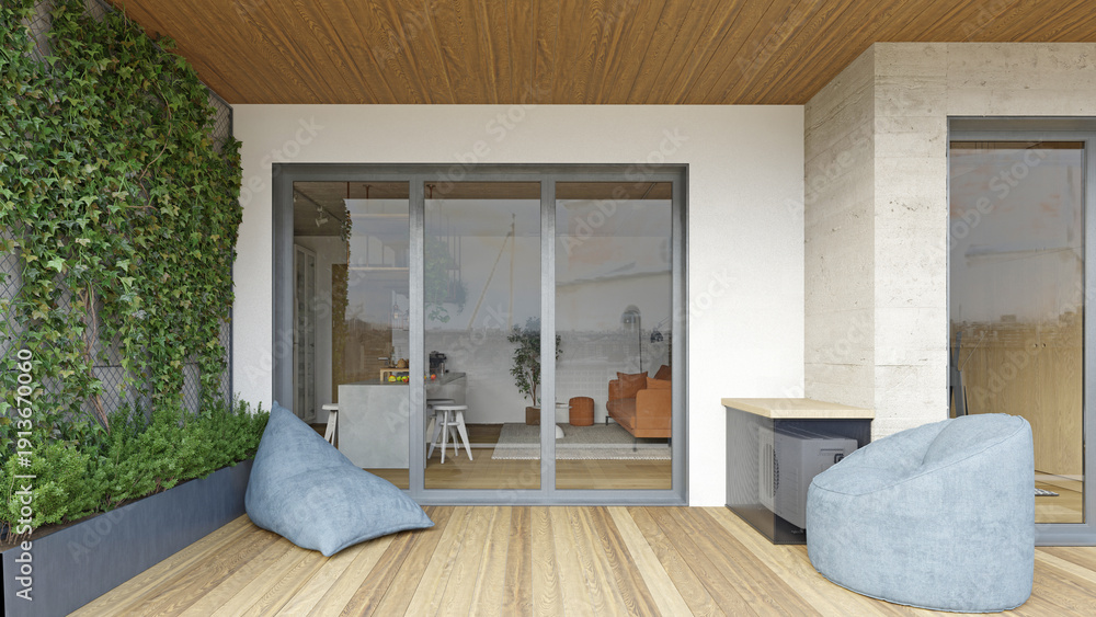 Fototapeta premium Modern apartment balcony with wooden deck and blue beanbag chairs. 3D render of residential terrace with glass sliding doors looking into living room. Urban home exterior design