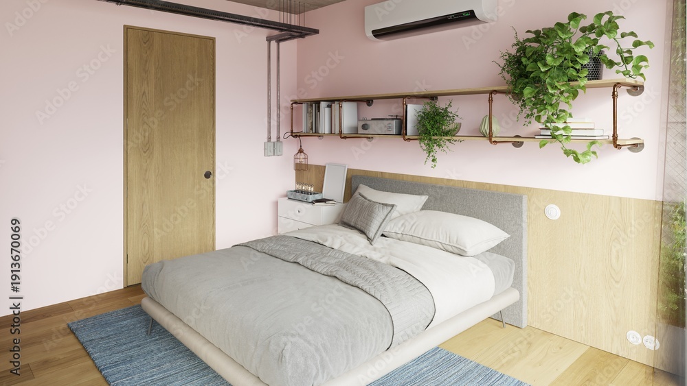 Fototapeta premium Modern bedroom interior with pink walls and industrial copper pipe shelves. 3D render of room with grey bedding and wooden door. Home design concept