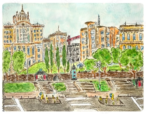 Postcard with Kyiv, watercolor illustration